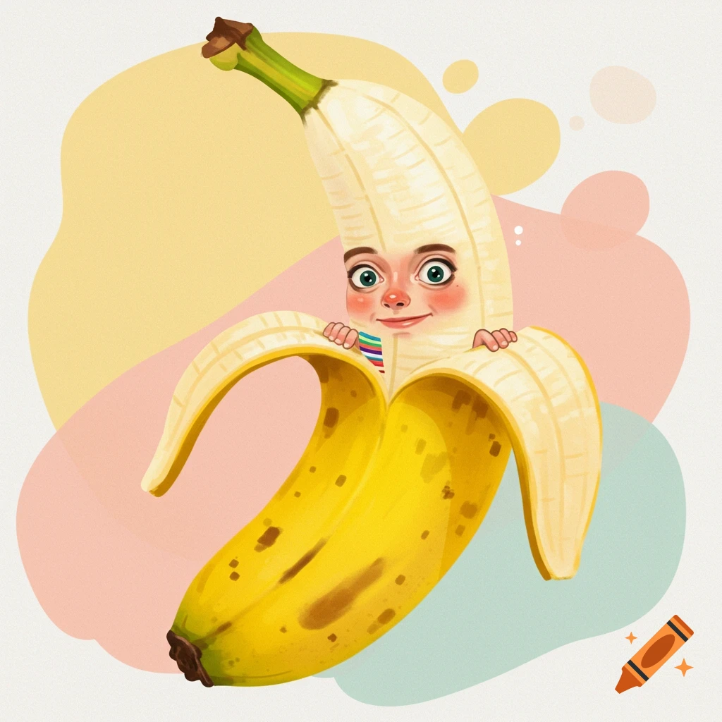 Digital illustration of a human-like character with a head and hands popping out of a peeled banana.