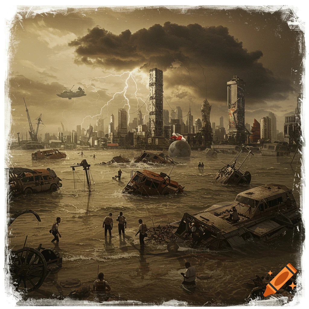 A flooded city with submerged cars and people under a stormy, lightning-filled sky.