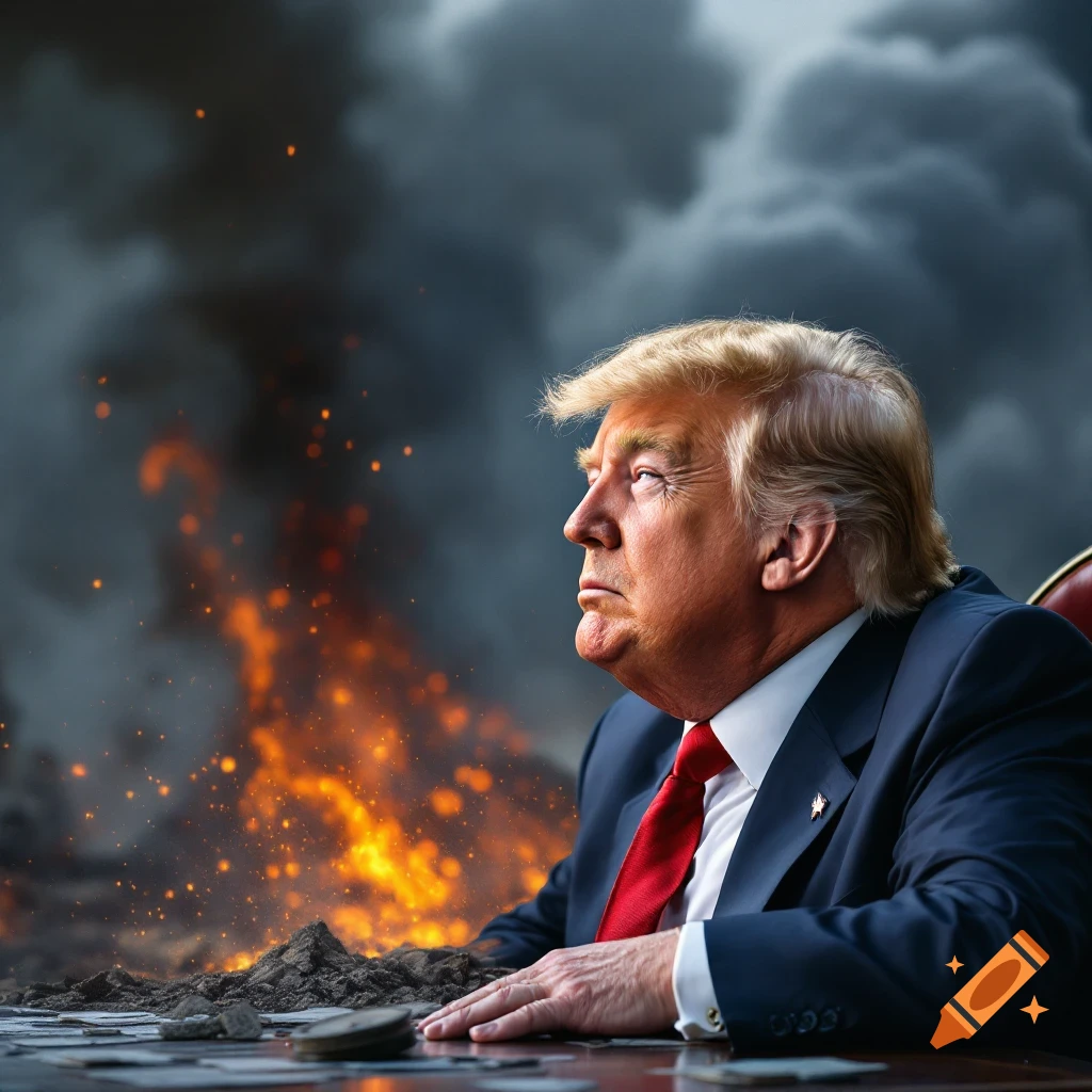 Donald Trump sitting at a desk, looking towards a fire and smoke behind him in a photorealistic style.