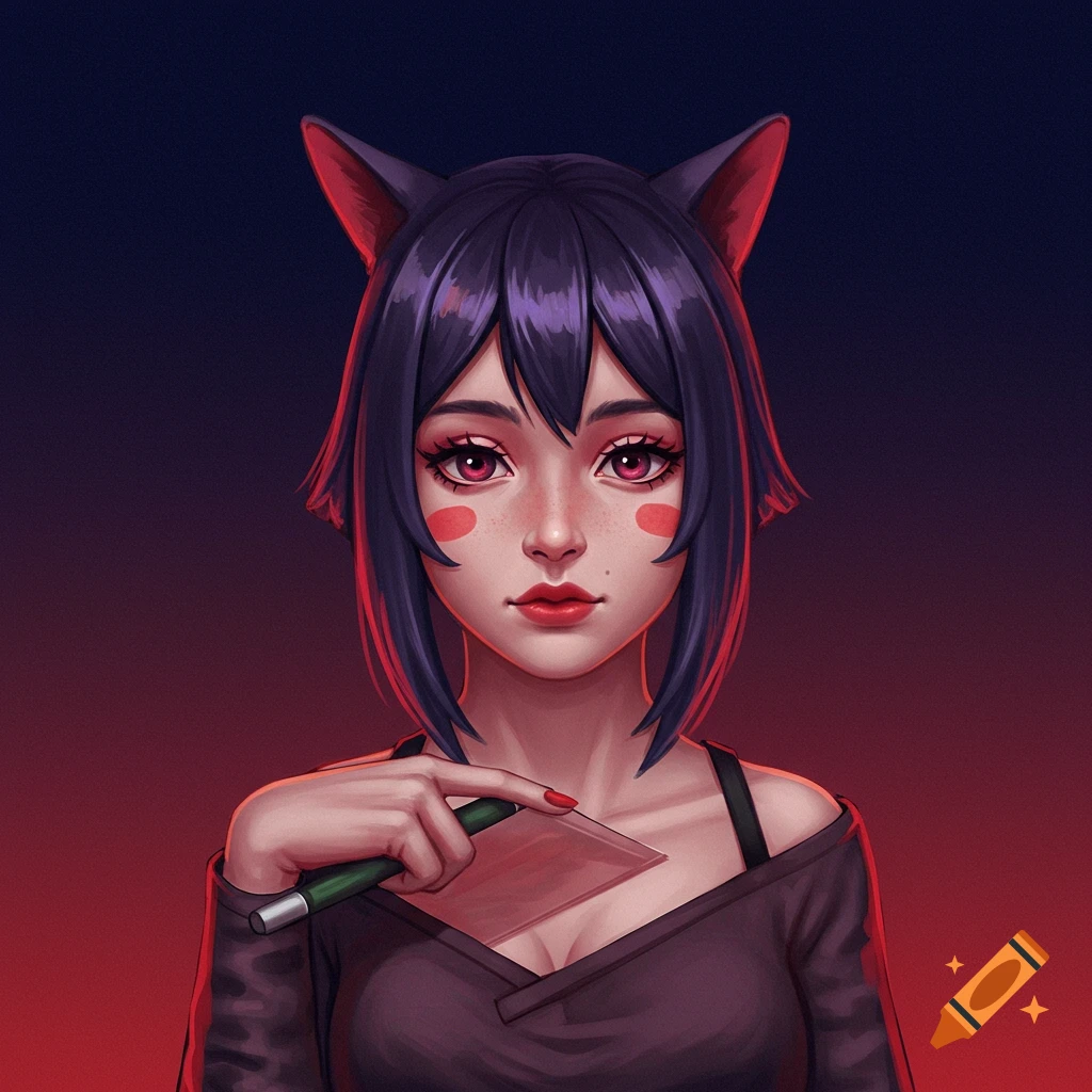 A stylized portrait of a girl with cat ears holding a clear object.