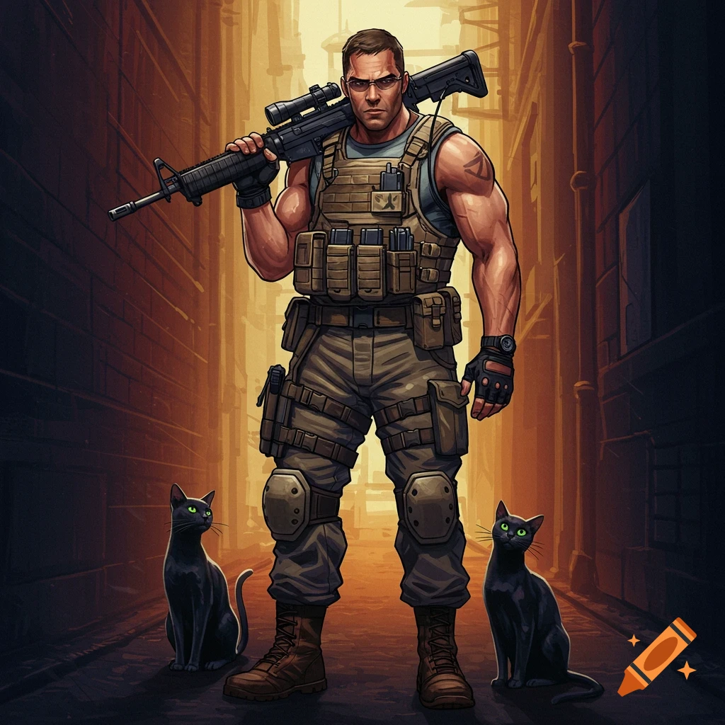 A man in military gear holding a rifle, standing with two black cats in an alley.