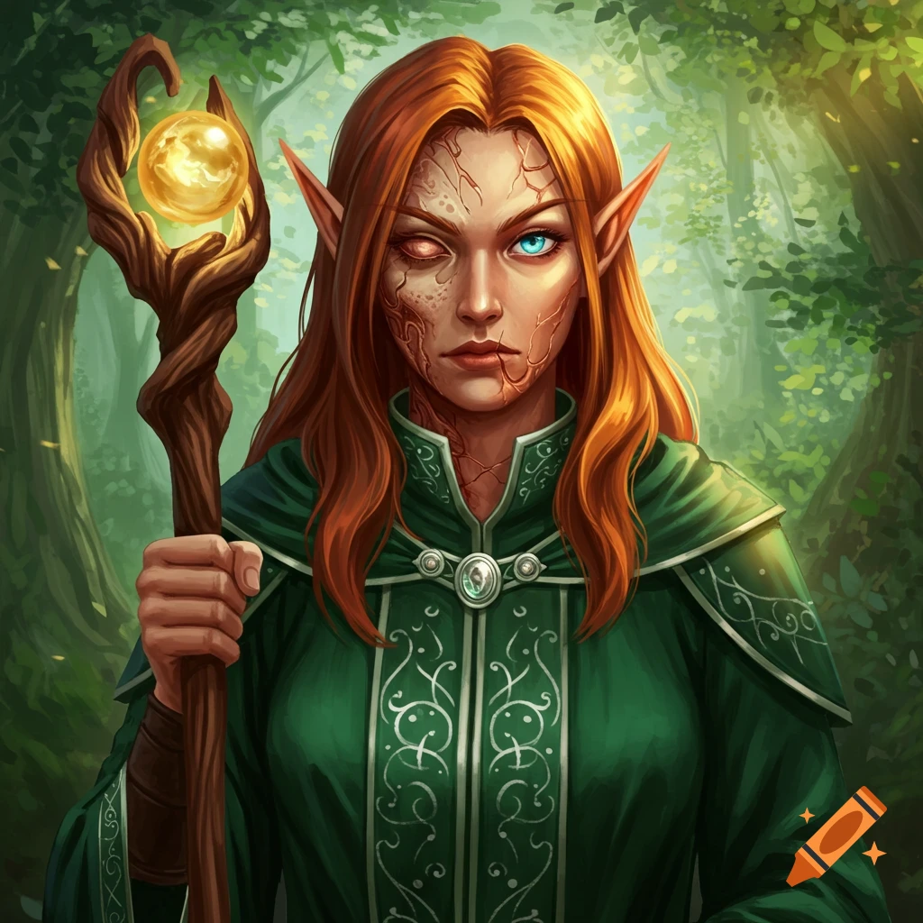 Female elf cleric with a scarred face and blind eye holding a glowing staff in a forest.