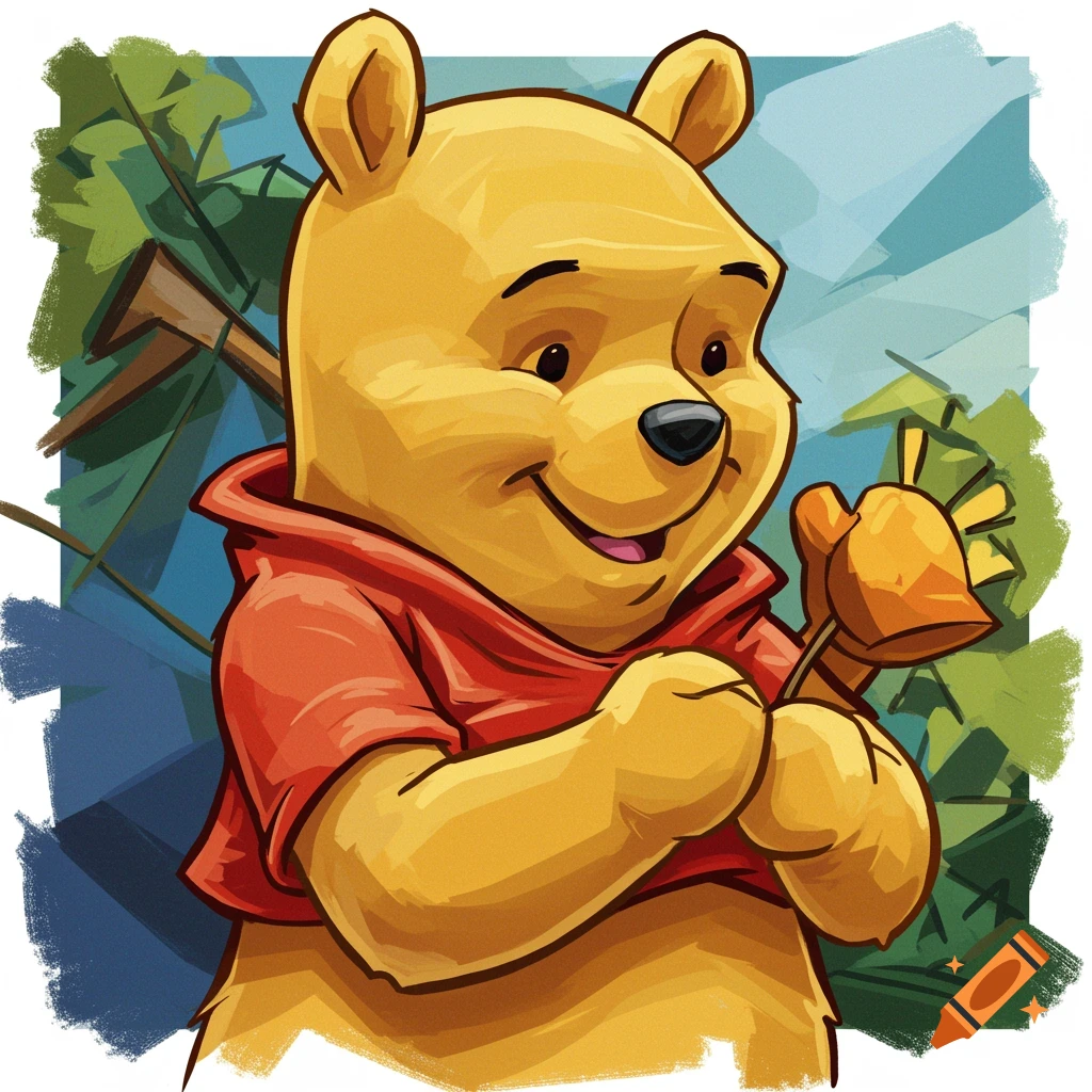 Winnie the Pooh holding a flower in an illustration style.