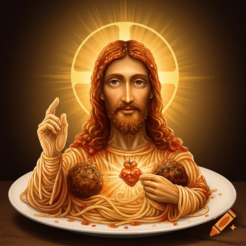 Jesus Christ made of spaghetti and meatballs on a plate.