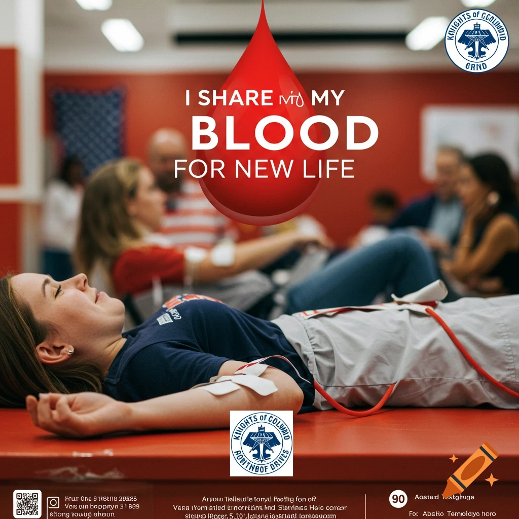 Poster showing a person donating blood with the text 'I Share My Blood For New Life' and logos.