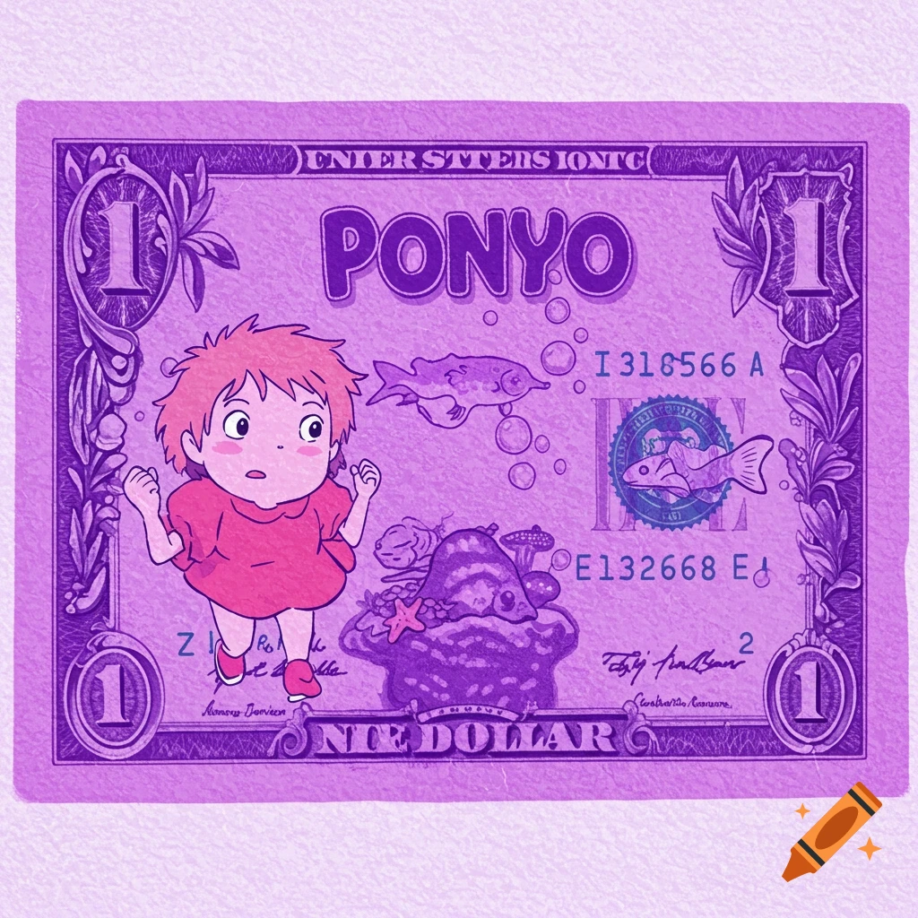 A purple fake dollar bill featuring the anime character Ponyo and decorative elements.