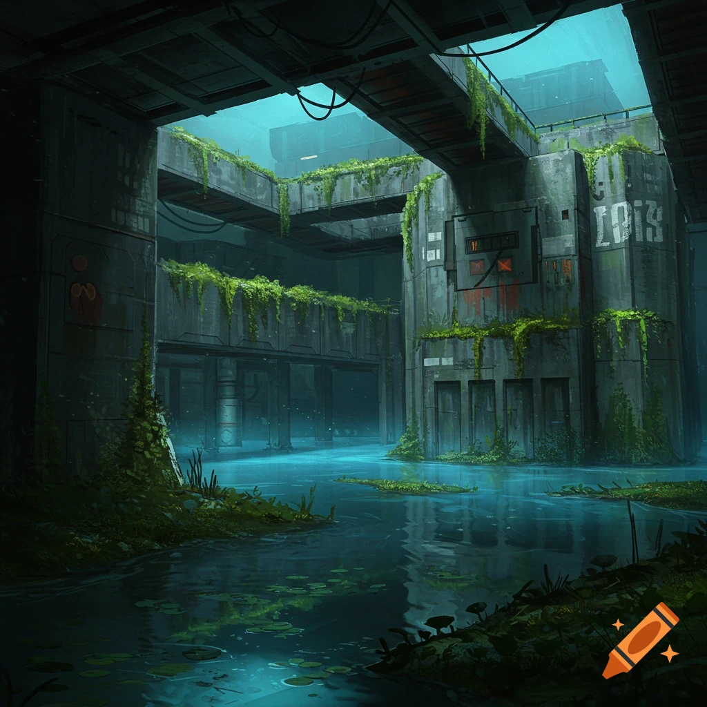 Flooded, overgrown concrete structures in a dark, atmospheric environment.