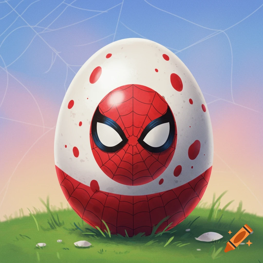 A Spider-Man themed Easter egg sitting in green grass with a sky background