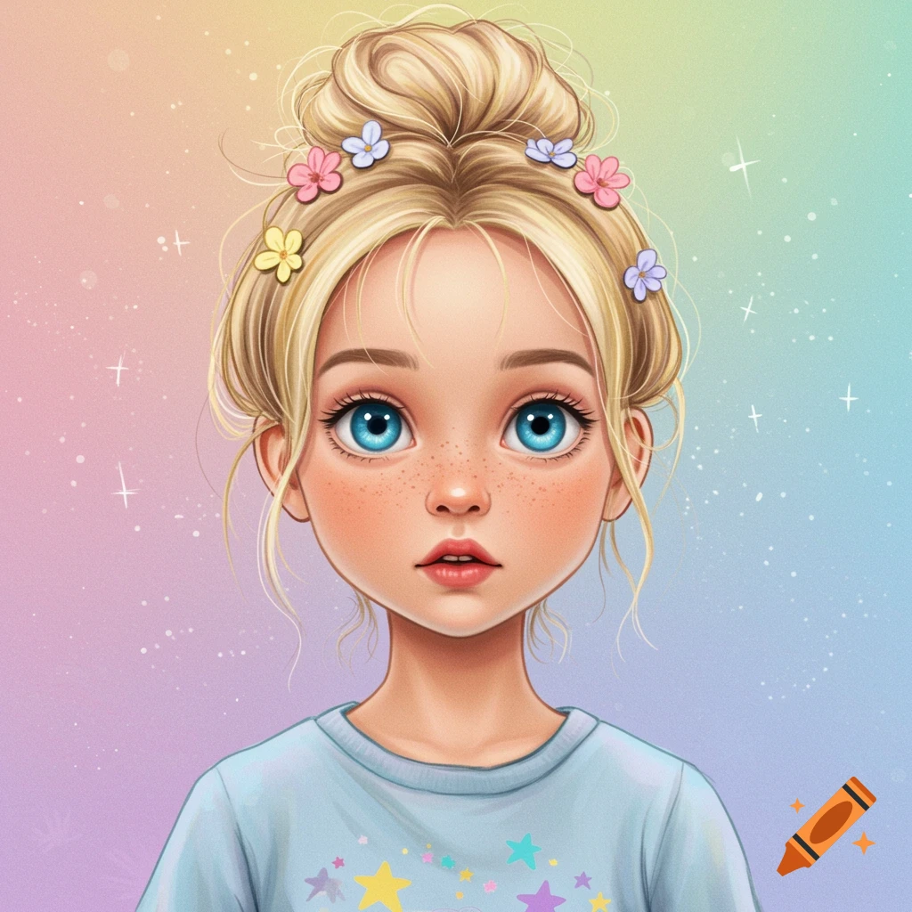 Illustrated portrait of a young girl with blonde hair in a bun, blue eyes, and freckles, wearing a starry shirt against a rainbow background.