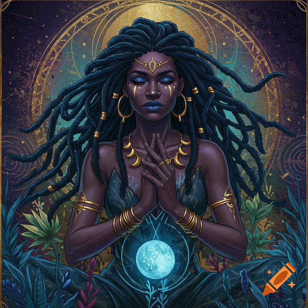A Black woman with dreadlocks meditates, surrounded by mystical plants, a glowing blue orb, and gold symbols.