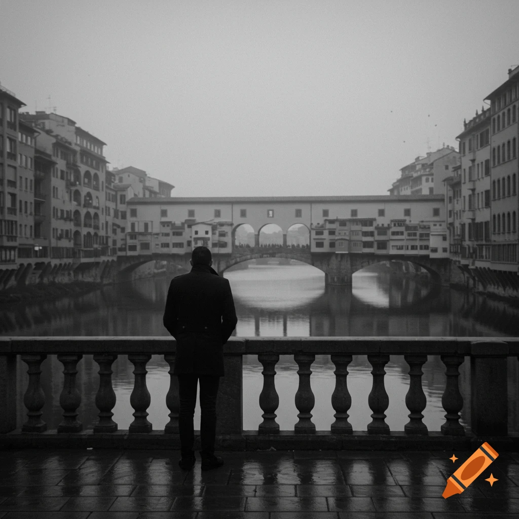A person stands on a railing looking at the Ponte Vecchio bridge over a river in a black and white atmospheric photo.