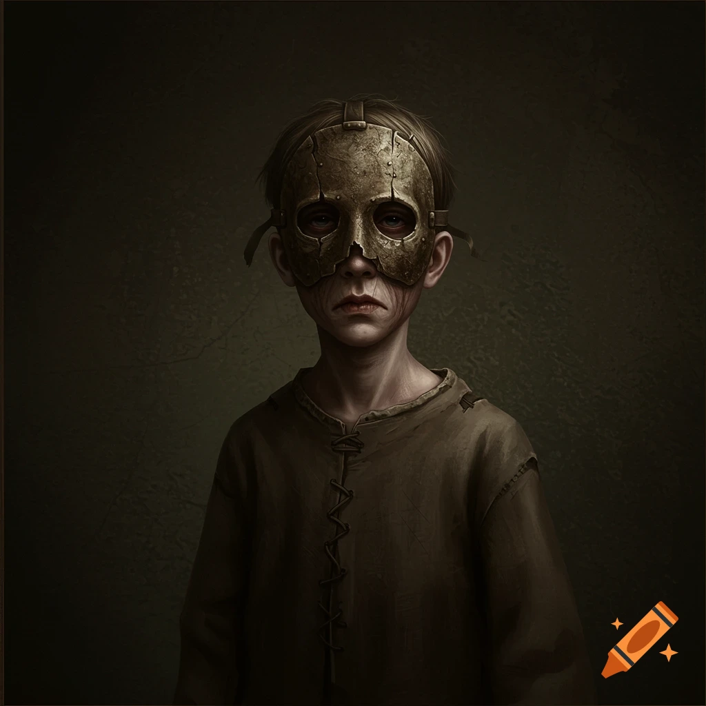 A gaunt medieval boy wears an intricate metal mask in a dark, gothic style.
