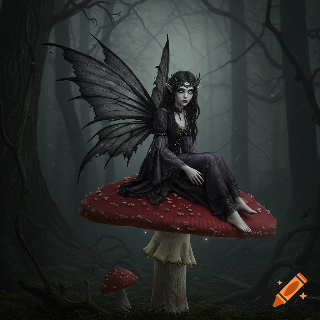 A gothic fairy with black wings sits on a large red mushroom in a dark, misty forest.