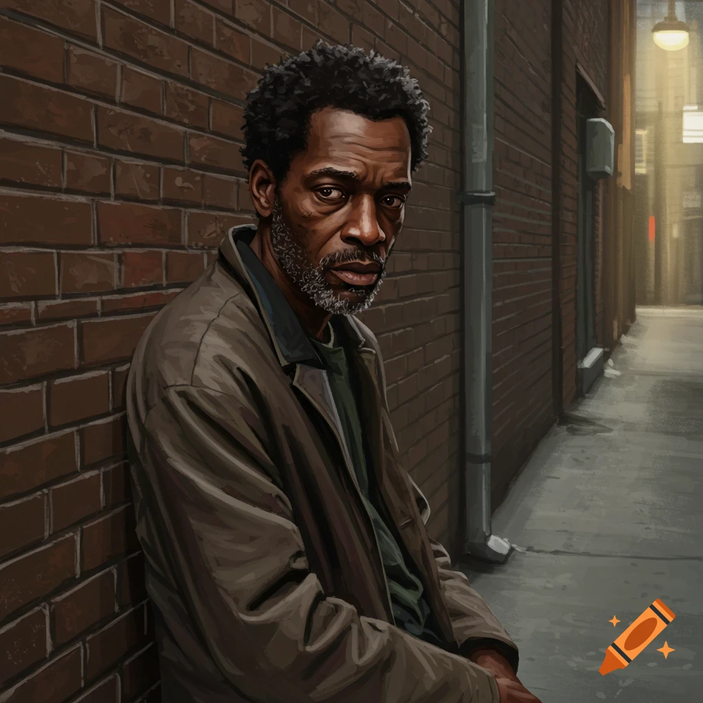 A man with grey stubble leaning against a brick wall in a dark alleyway.