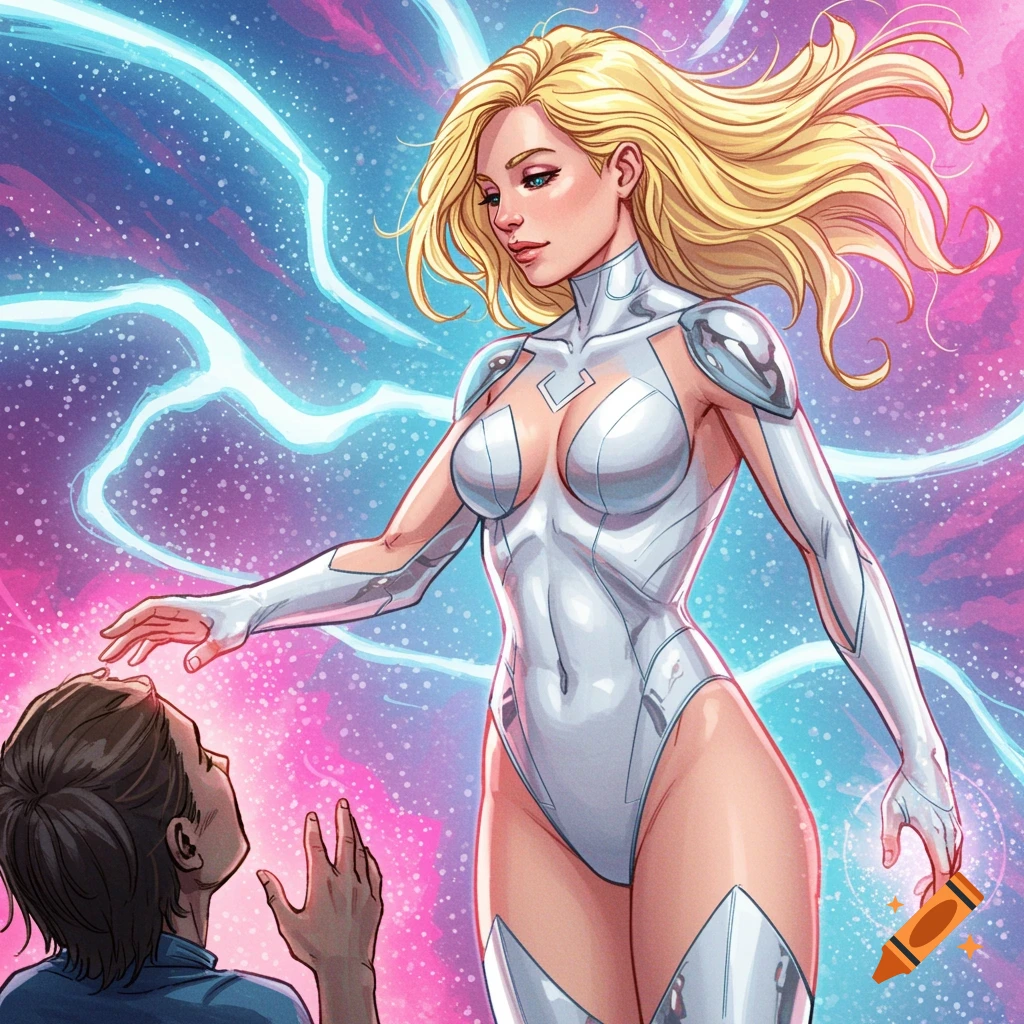 Comic book style painting of a blonde female superhero in white suit healing a person against a cosmic background.