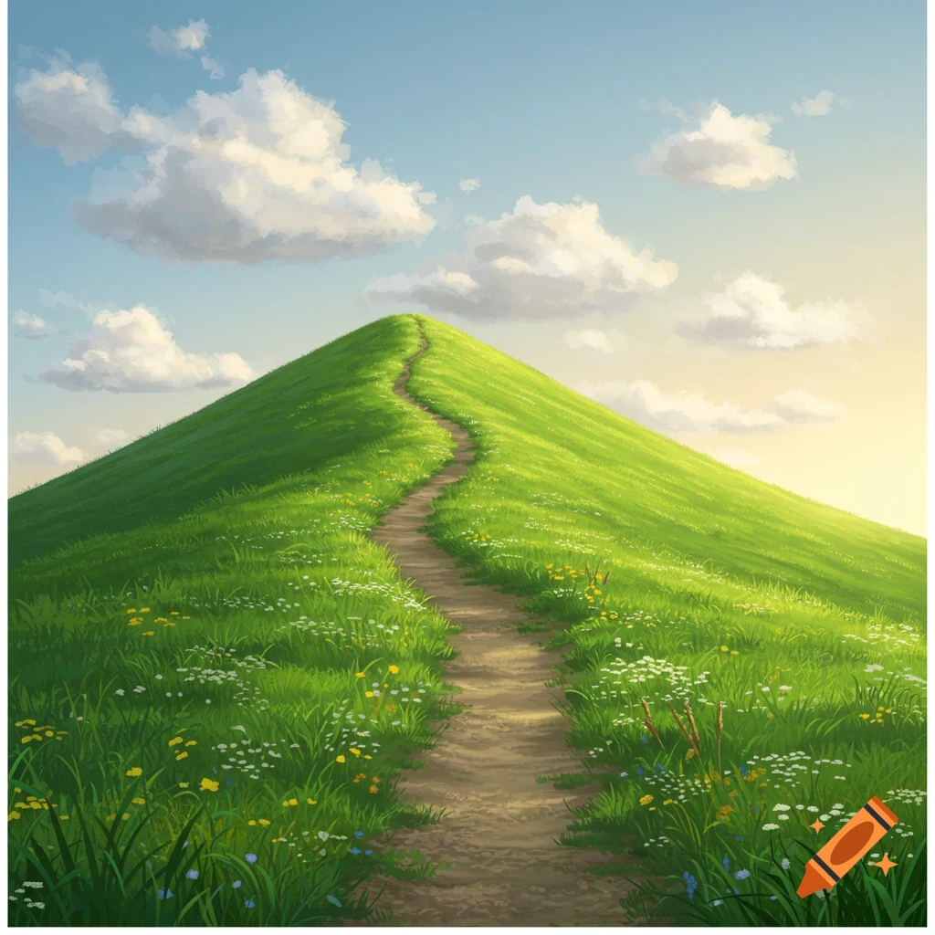 A path winding up a green grassy hill under a cloudy sky