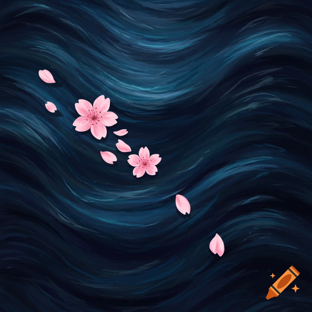 Pink sakura flowers and petals float on dark blue waves.