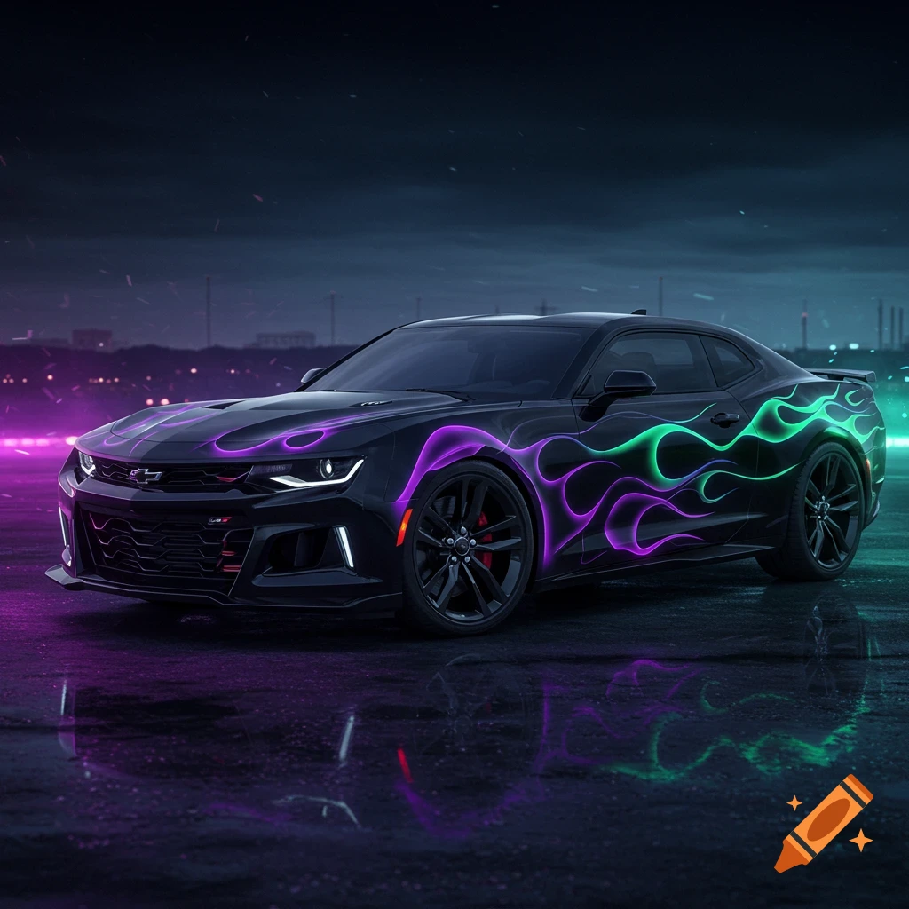 A black Camaro ZL1 with purple and green neon flames is shown on a wet surface at night.