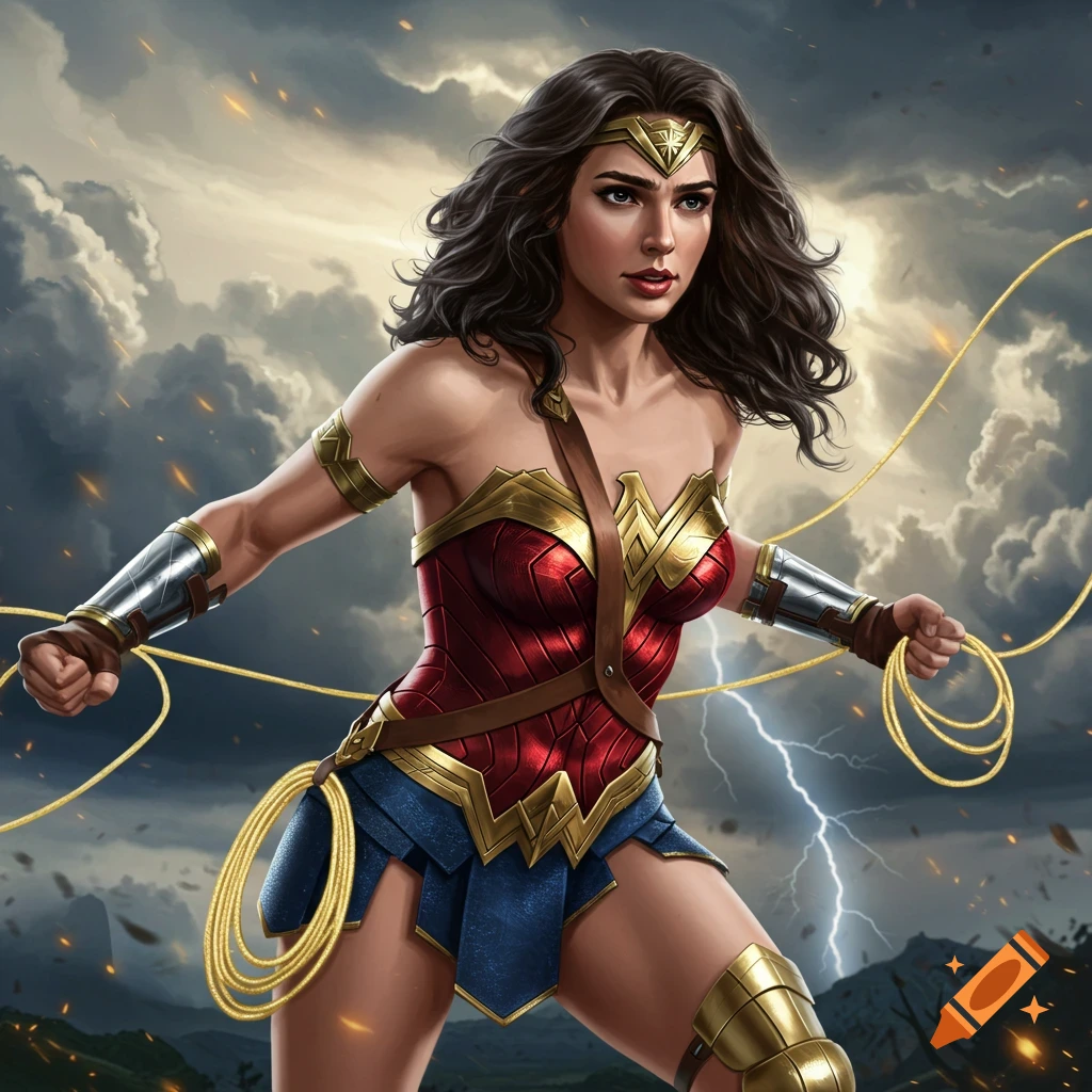 Wonder Woman holding her lasso in a stormy, lightning-filled landscape.