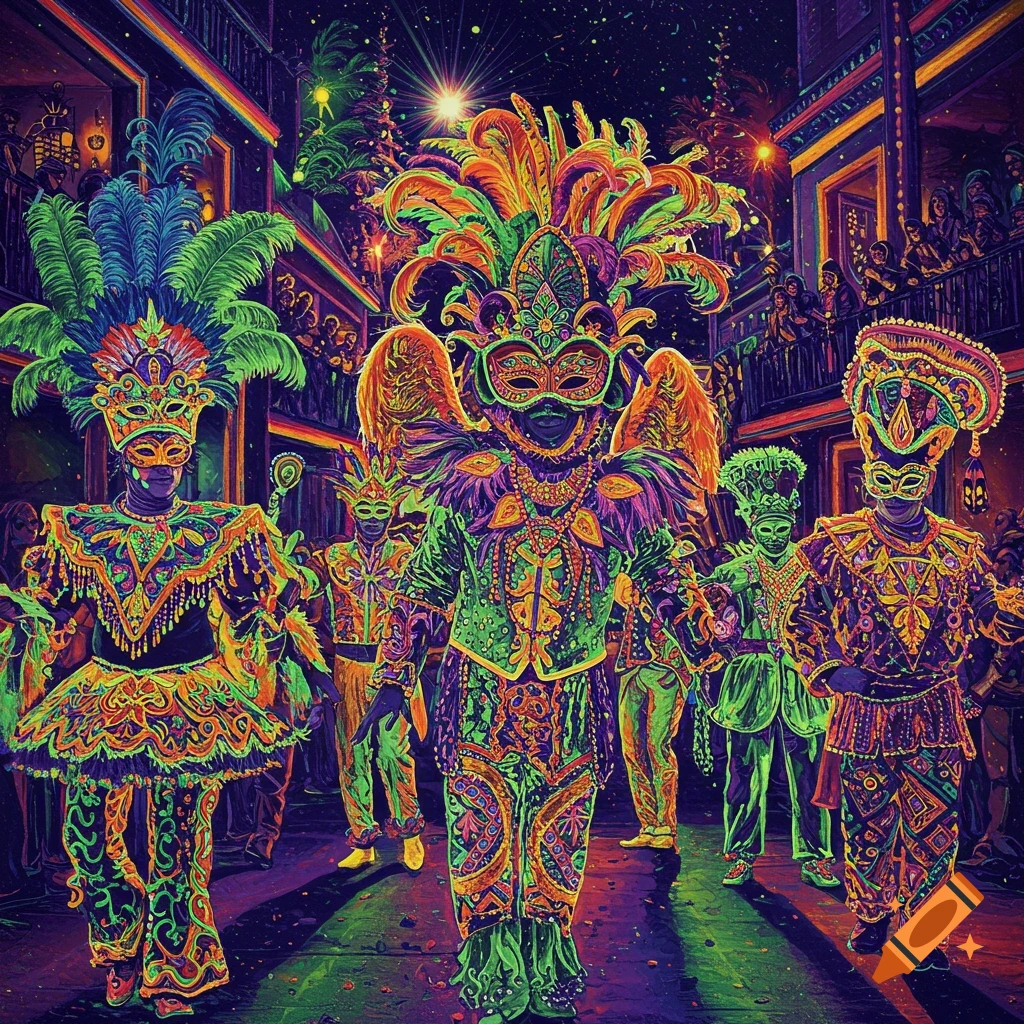 People in vibrant black light costumes and masks parade down a street at night, digital art.