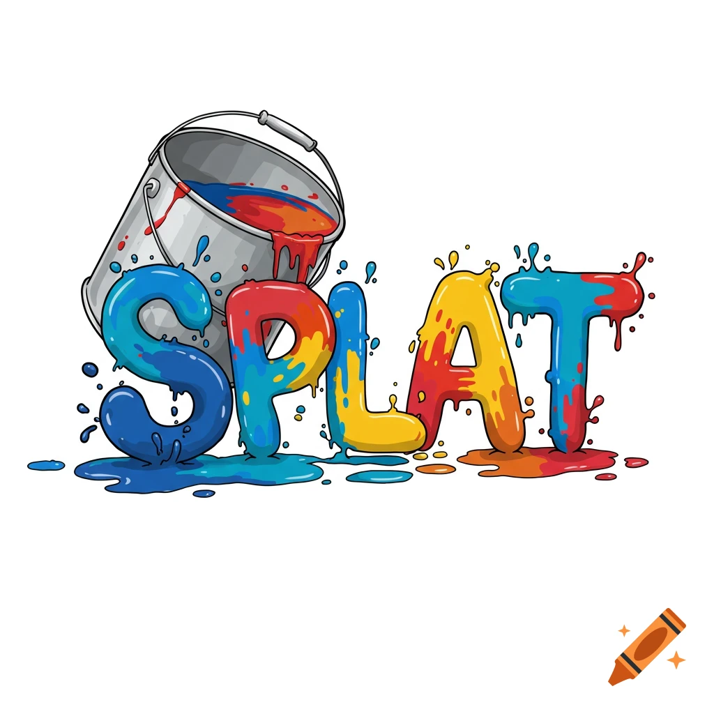 A colorful illustration of a tilted paint bucket spilling paint that forms the word SPLAT.