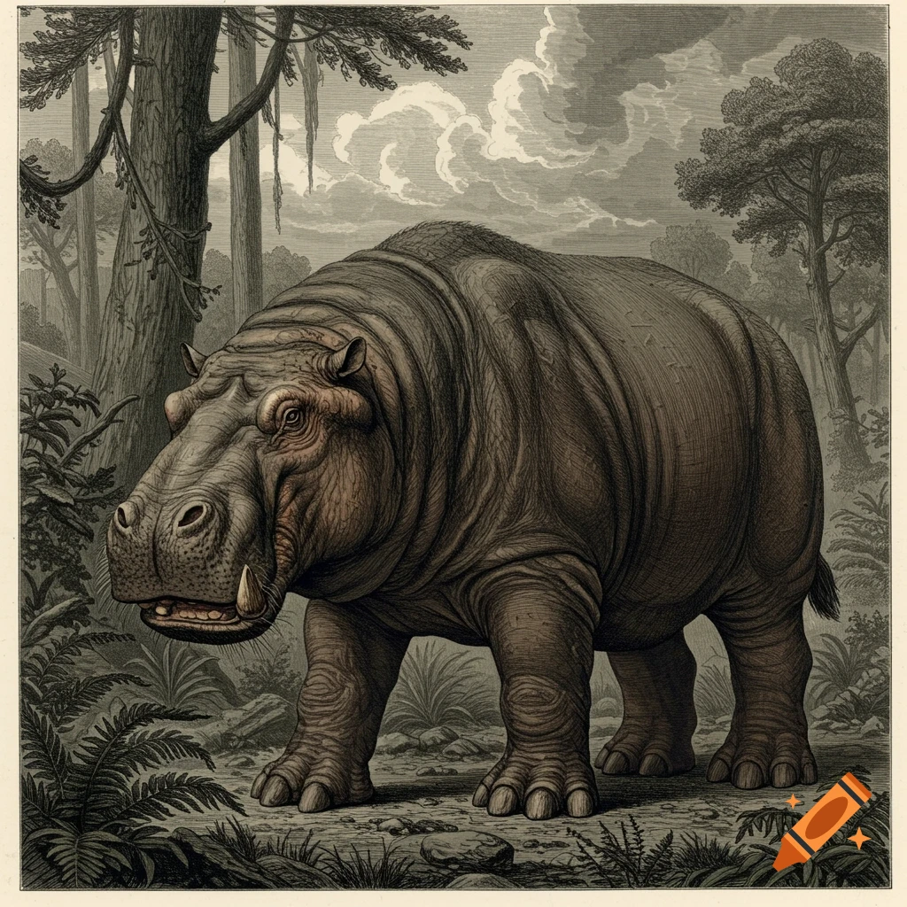An illustration of a large, hippo-like creature standing in a prehistoric forest.