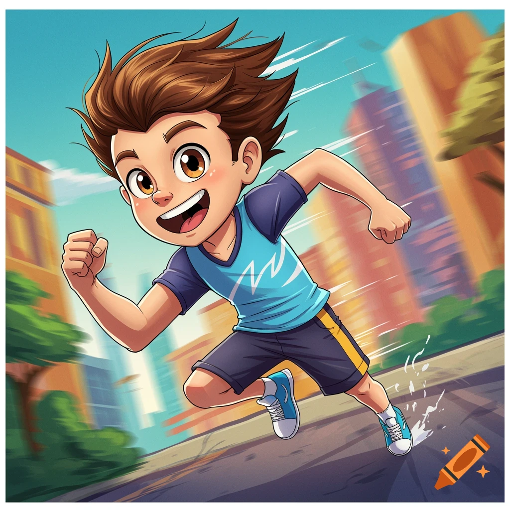 A vibrant cartoon of a young boy with windblown hair running at lightning speed through a blurred city.