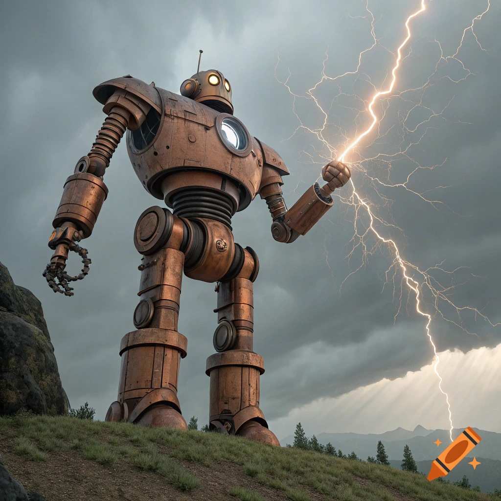 Large copper robot holding lightning on a hill under stormy sky.