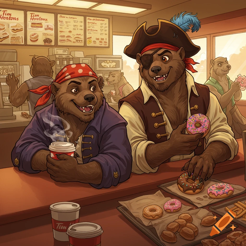 A group of pirate wolverines are holding donuts and coffee cups inside a Tim Hortons.