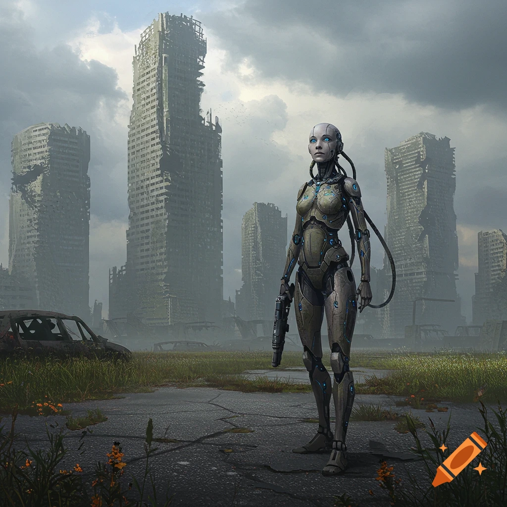 an android standing in a post-apocalyptic ruined city landscape.