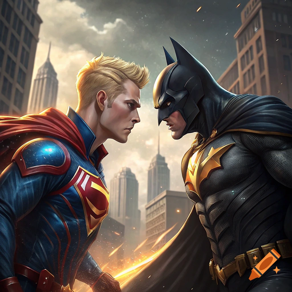 Superhero-like figure with an S symbol faces Batman in a city street confrontation, digital comic art style.