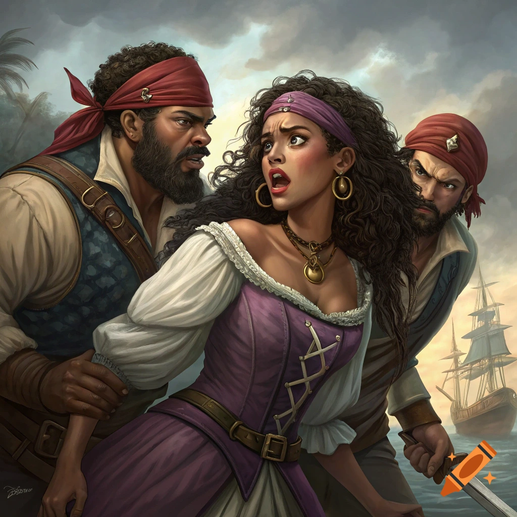 Two pirates restrain a frightened woman; a ship sails in the background.