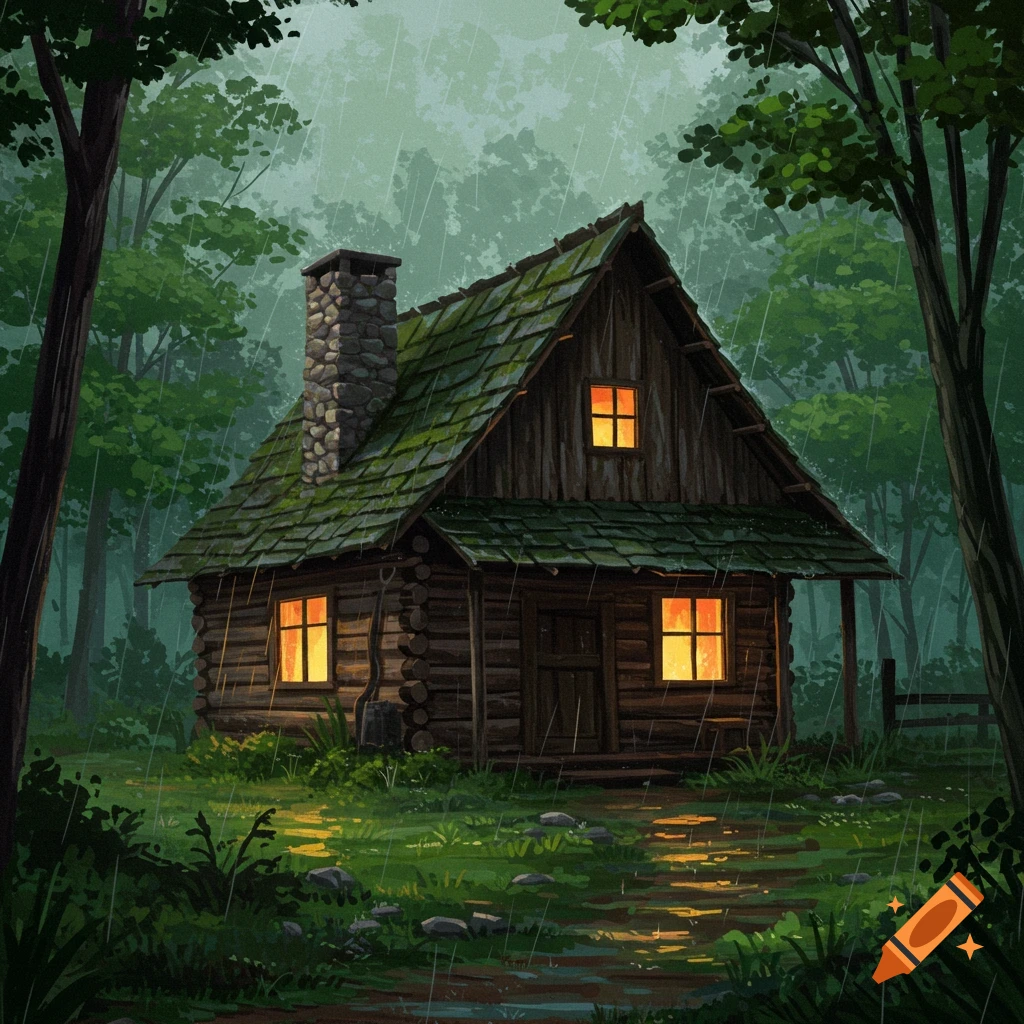 A cozy log cabin in the woods during a rainstorm.