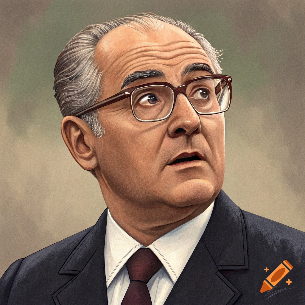 Illustration of a surprised Yuri Andropov in a suit and glasses looking up.