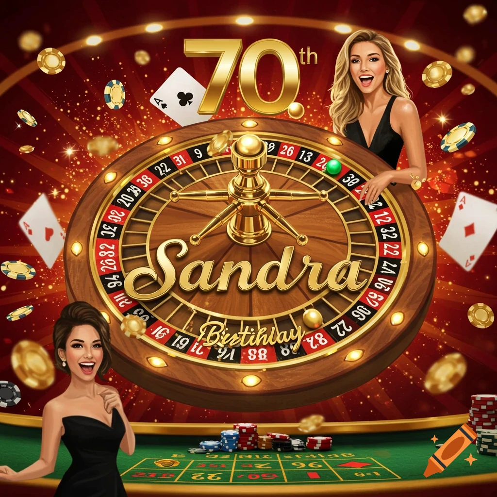 A casino-themed graphic with a roulette wheel, chips, cards, and two ...