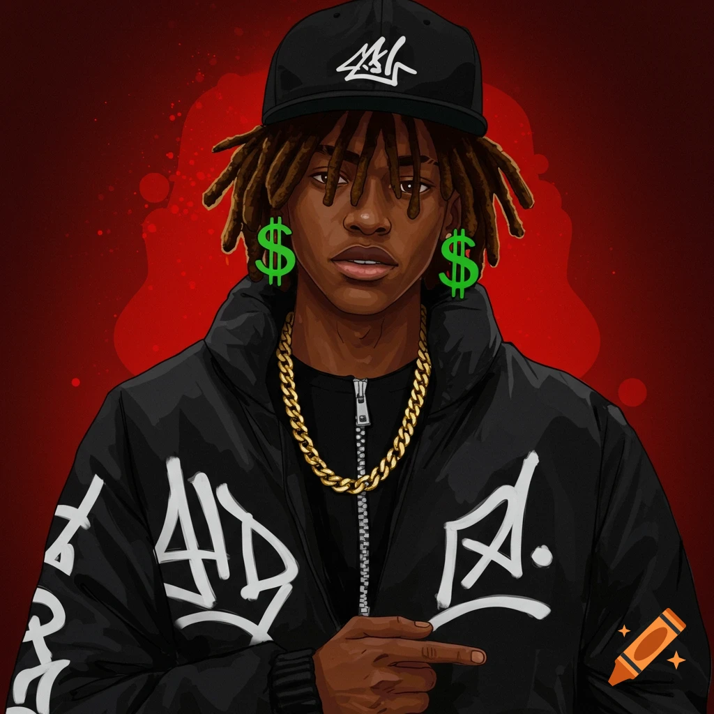 Illustration of a character with dreadlocks, baseball cap, gold chain, dollar sign earrings, and a black jacket.