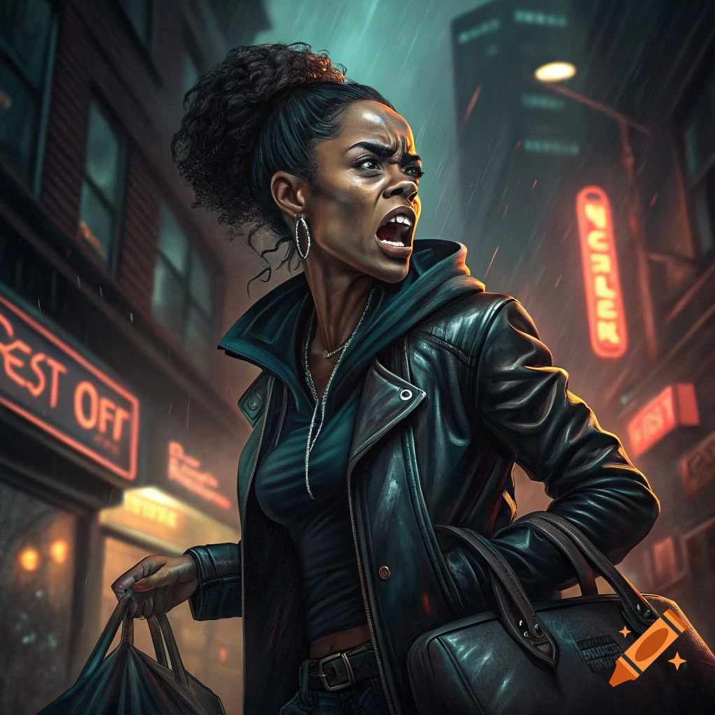 Illustration of a woman in a leather jacket yelling on a rainy city street at night, carrying bags.