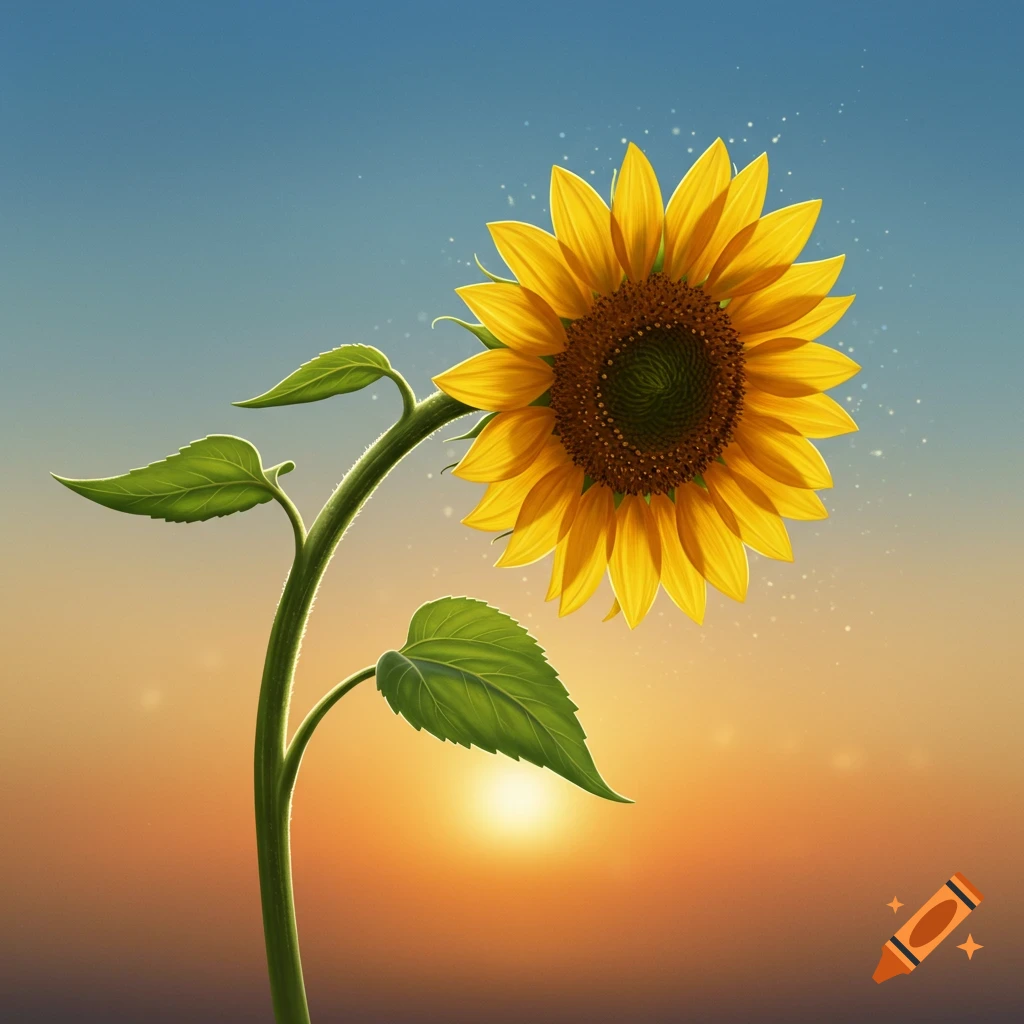 A sunflower turning towards the sun during a sunset or sunrise.