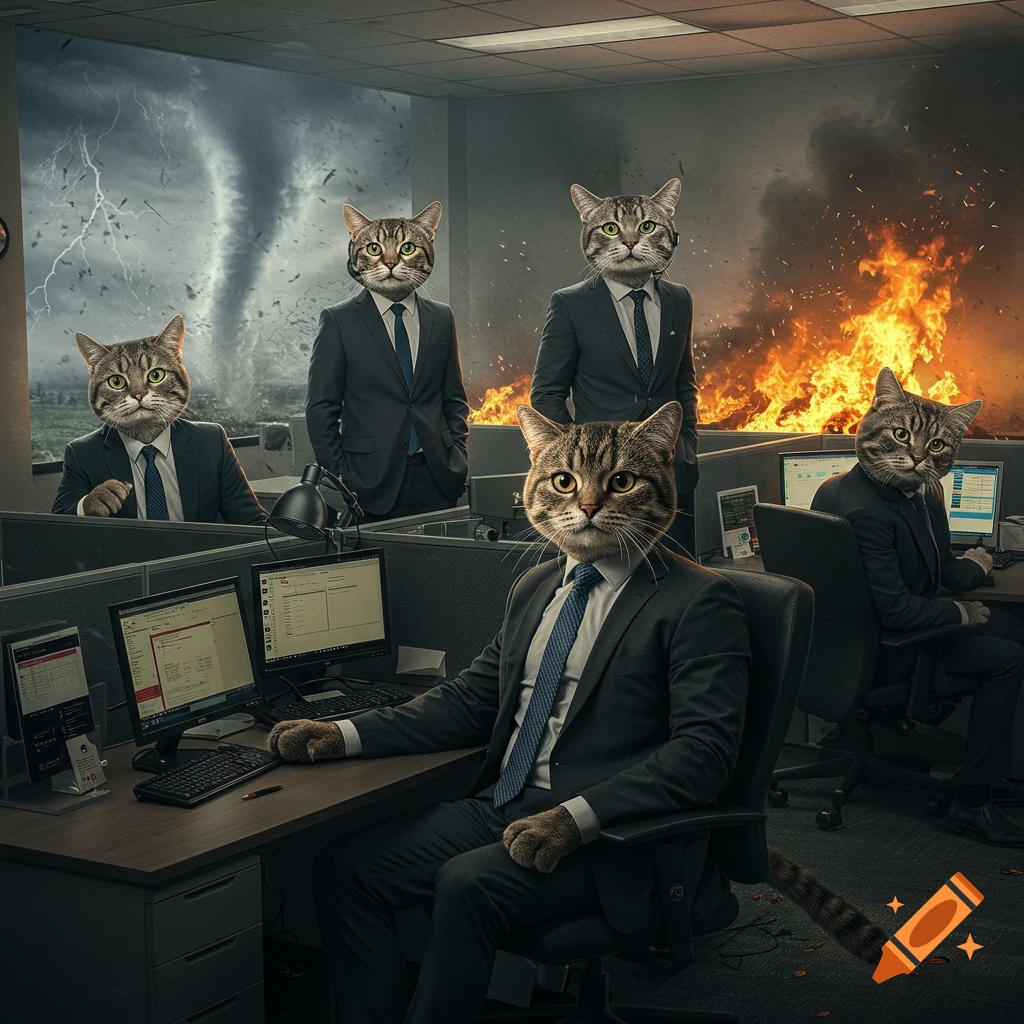 Cats in business suits work in an office during a tornado and fire.