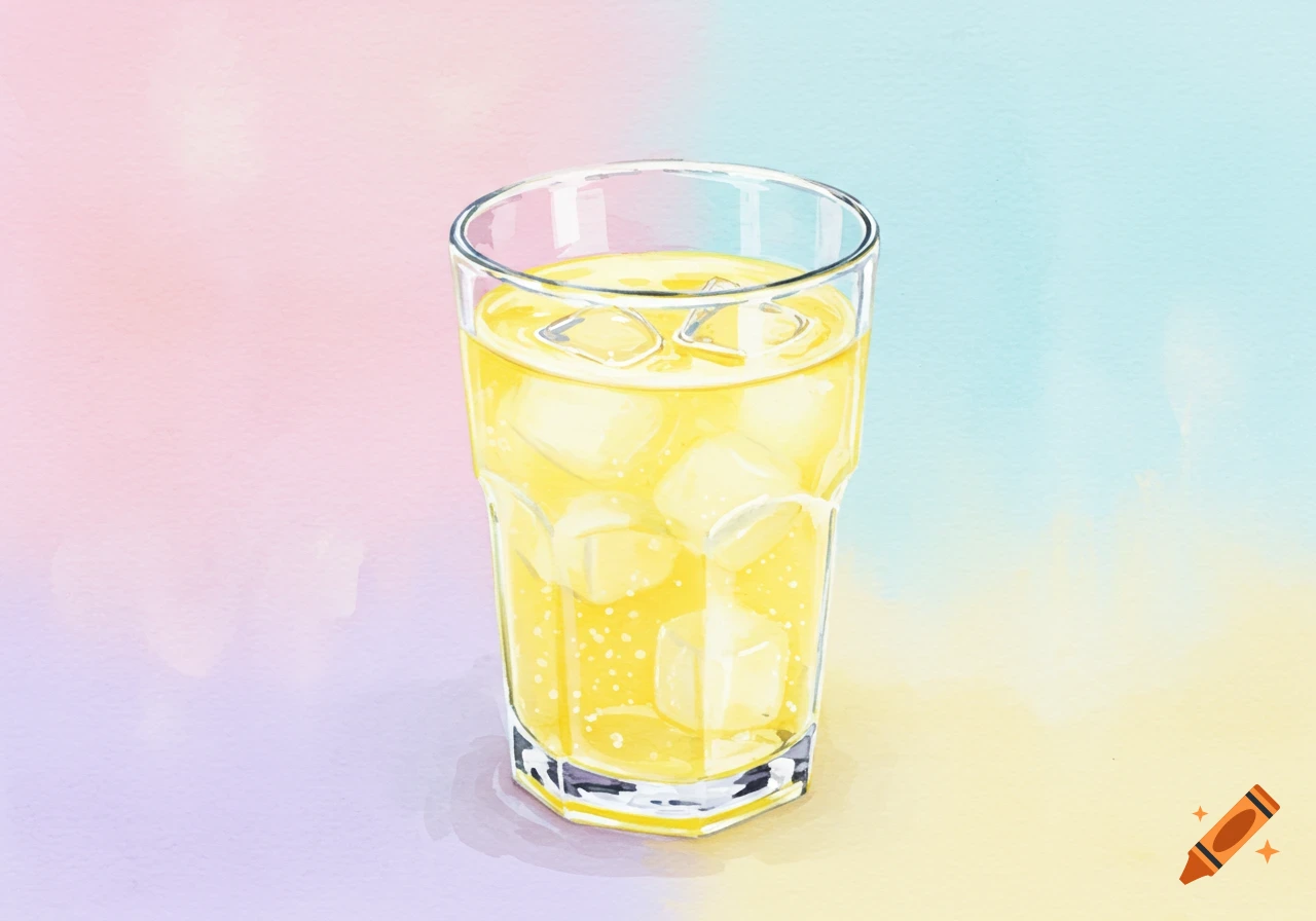 A glass of lemonade with ice and bubbles on a pastel watercolor background.
