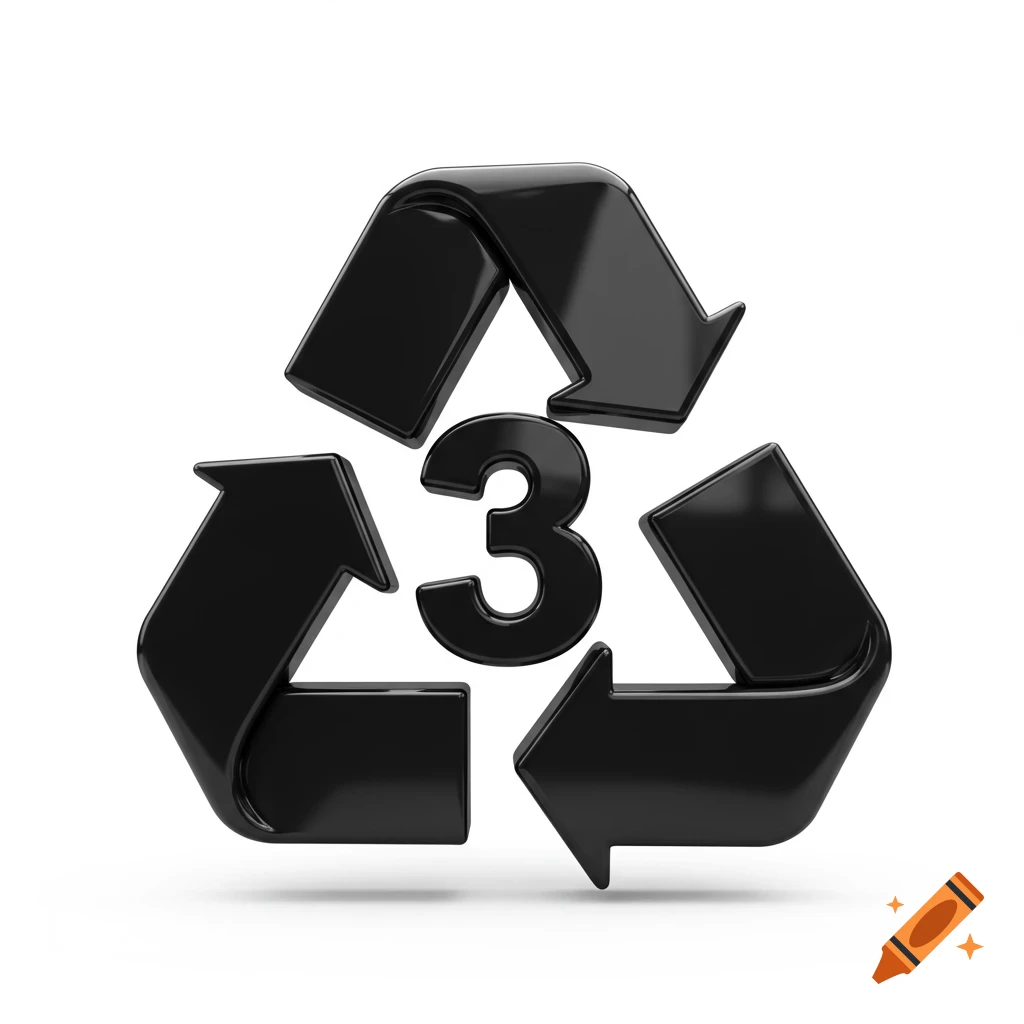 A glossy black 3D recycling symbol with the number three inside, on a white background.