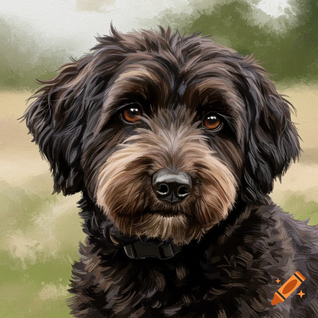 Close-up of a black and brown labradoodle's face