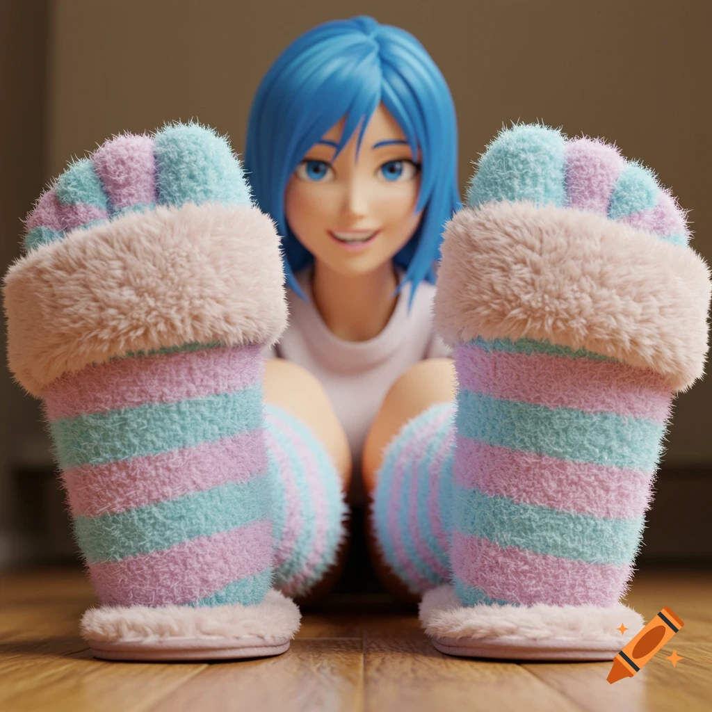 Anime character in fuzzy pink and blue striped socks and slippers