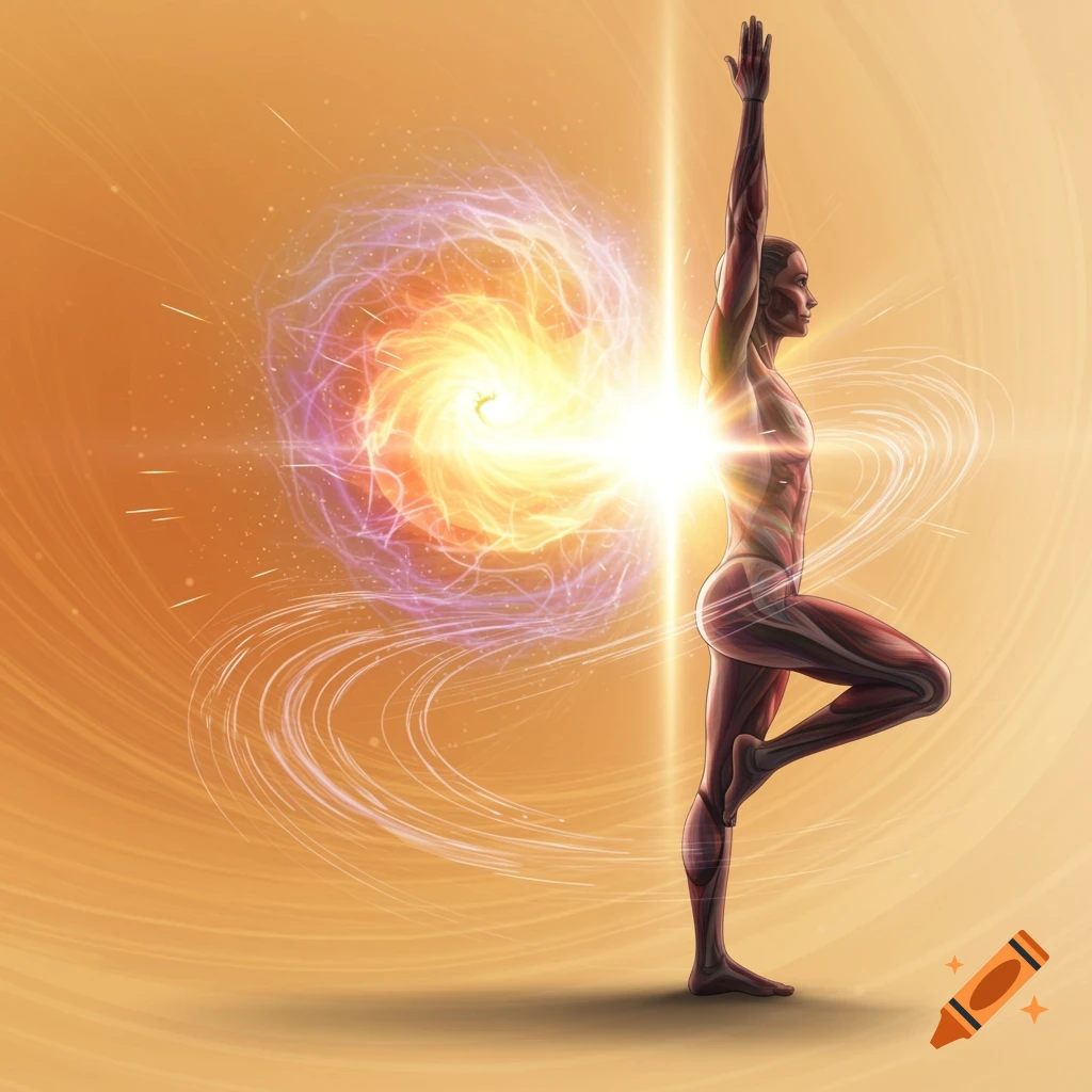 A person is shown in a yoga pose, displaying musculature, and is enveloped by an energy vortex and a light beam.