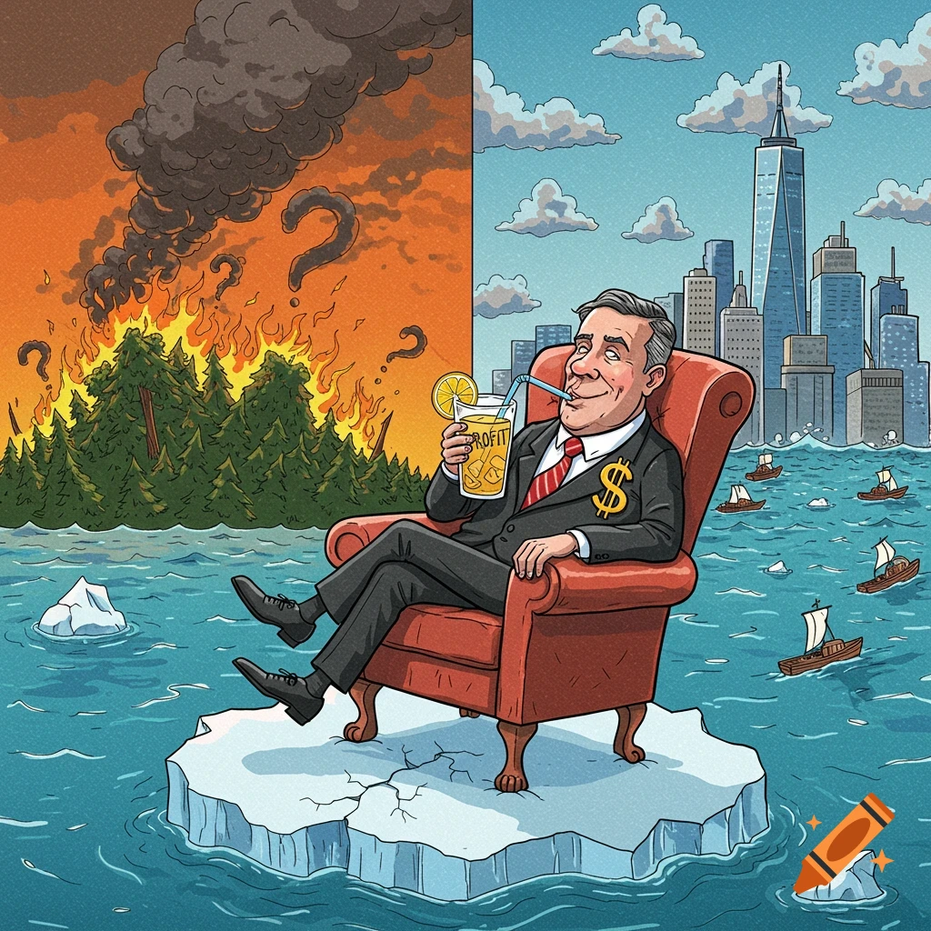 A smug businessman relaxes in a chair on a melting iceberg, sipping a drink labeled 'PROFIT'. Behind him, a forest burns, and a flooded city skyline is visible in the distance. Political cartoon style illustration.
