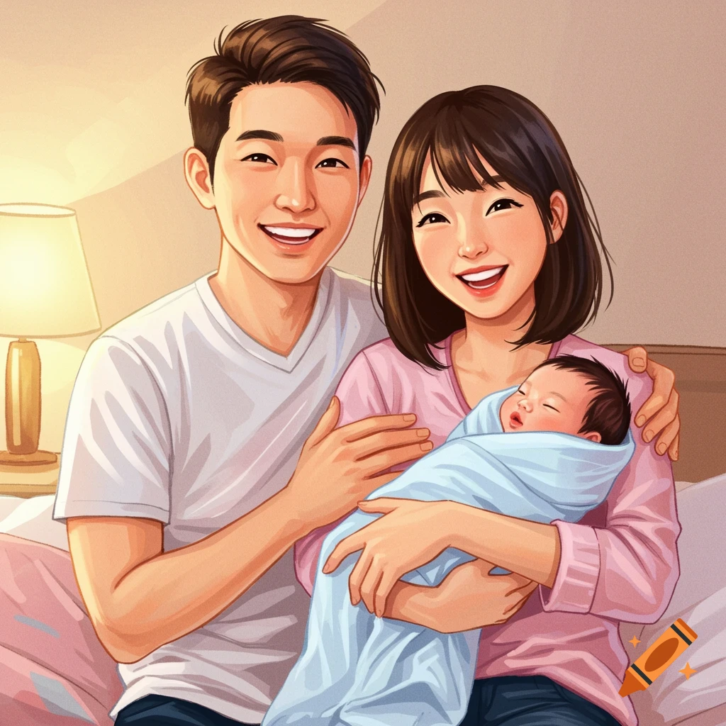 A smiling Asian couple holding their newborn baby swaddled in blue.