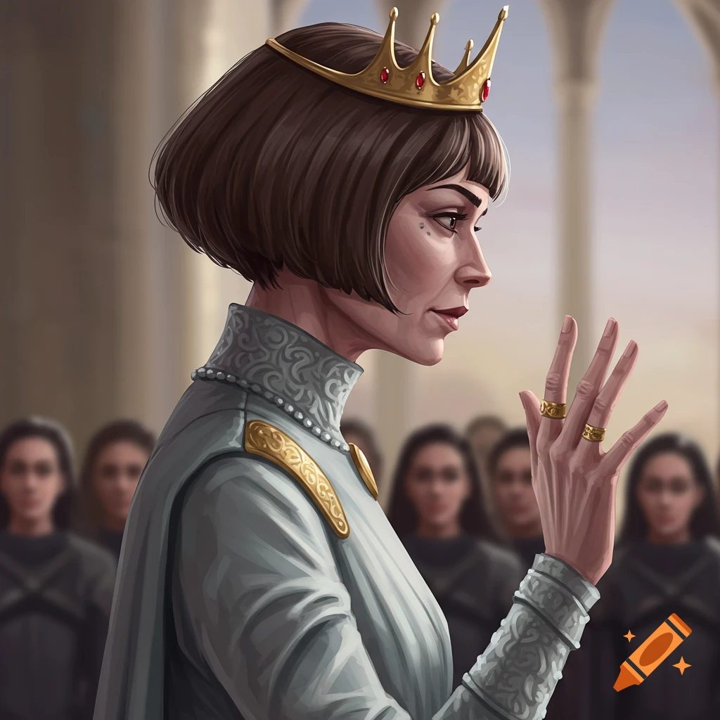 A queen with a bob cut dismissing her court with a wave