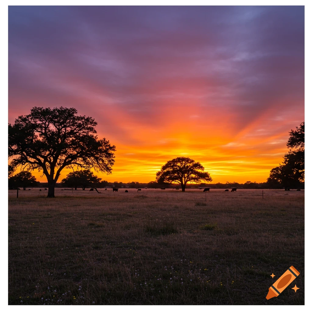 Sunset over a field with silhouetted trees and cattle under a vibrant orange, yellow, and purple sky.