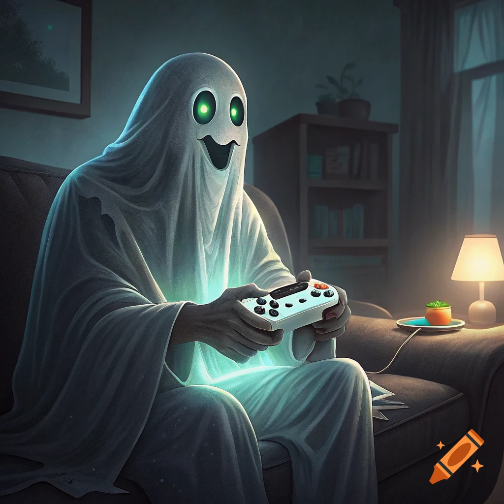A spooky ghost sits on a couch, holding a video game controller and glowing with light.