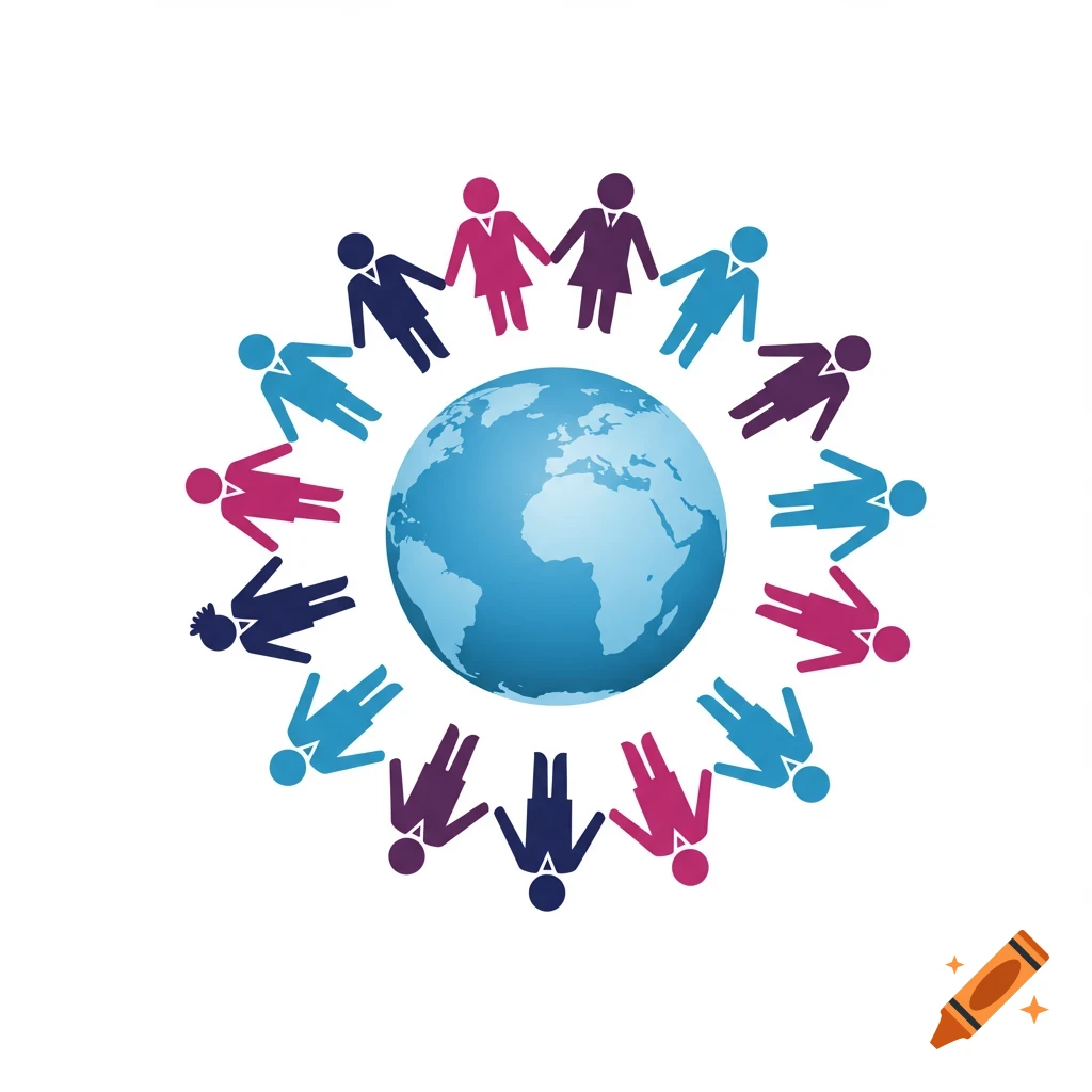 Stylized figures holding hands around a blue globe.